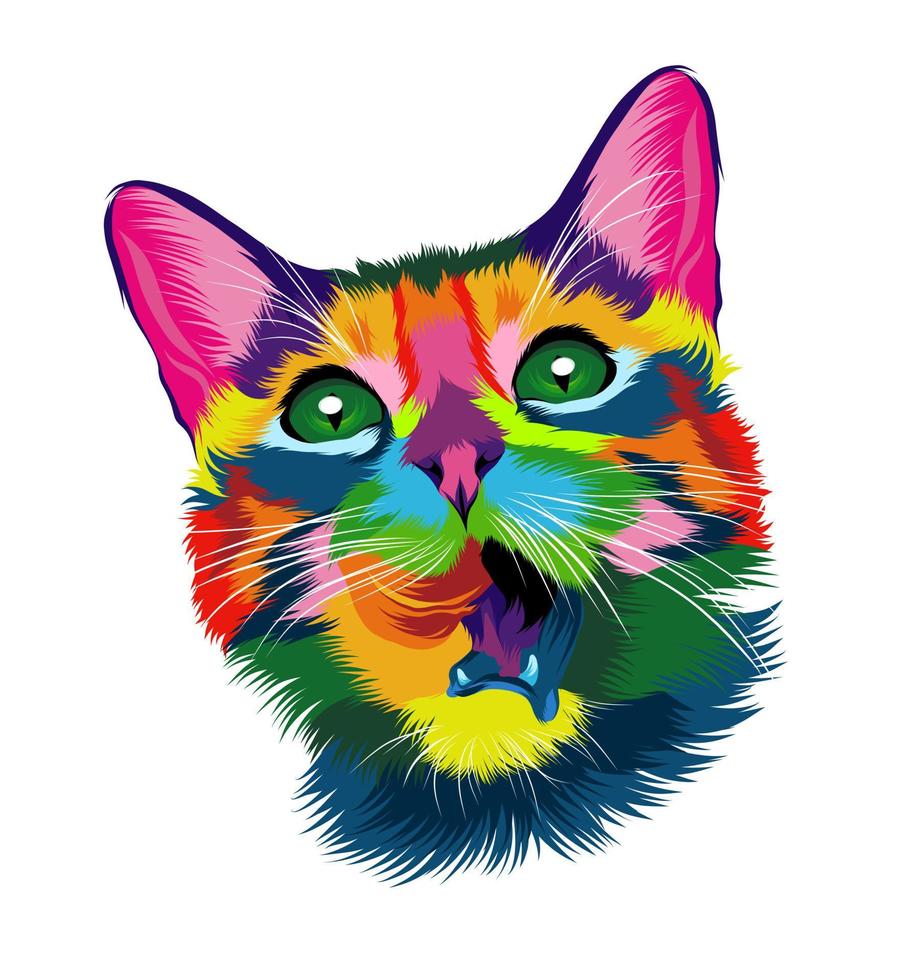 Abstract Kitten face portrait, cat face from multicolored paints. European cat. Colored drawing. Portrait of a muzzle of a kitten, muzzle of a cat. Vector illustration of paints