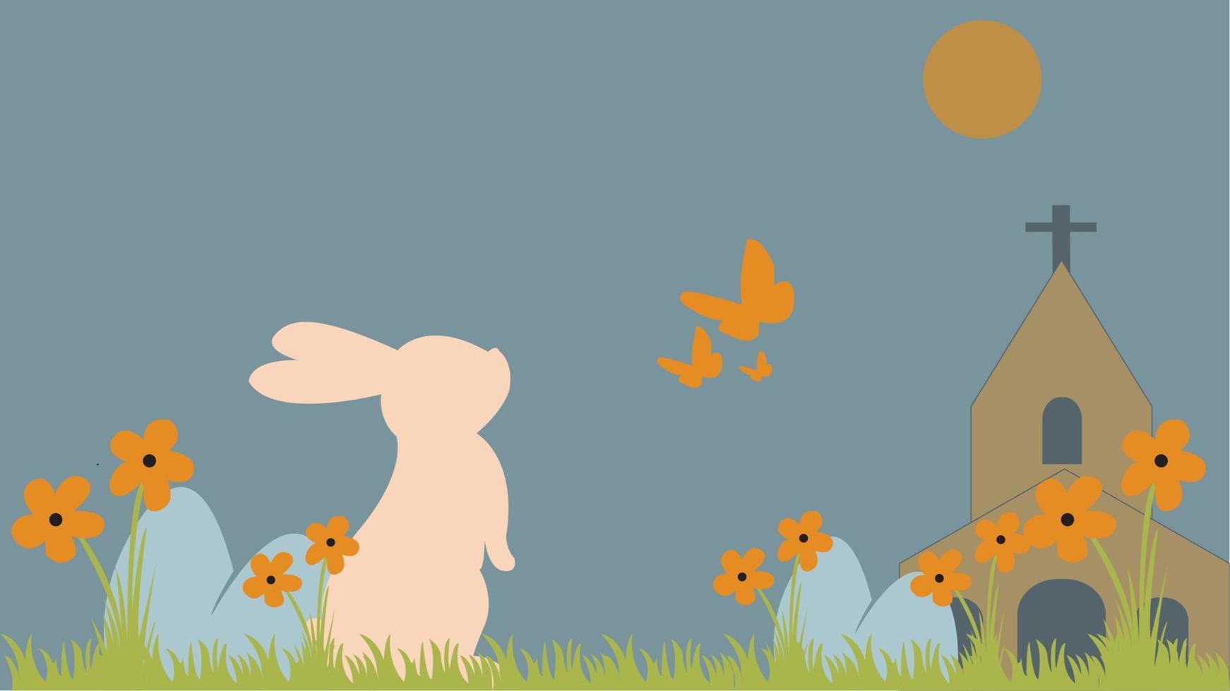 Easter background with silhouettes of church buildings, eggs, rabbits and butterflies. Simple easter horizontal background. vector