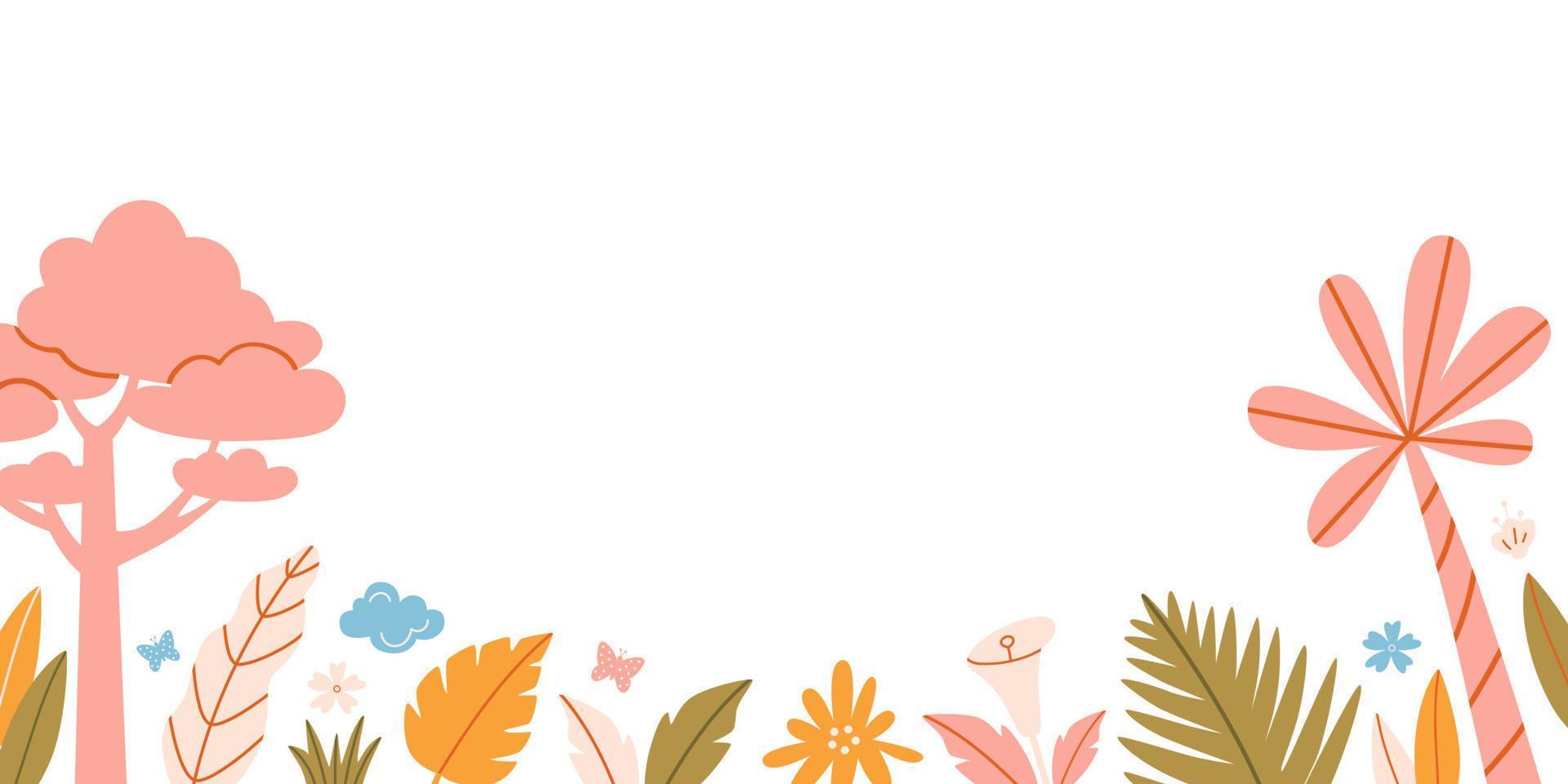 Cute vector banner with tropical landscape - tree, palm, flowers and leaves