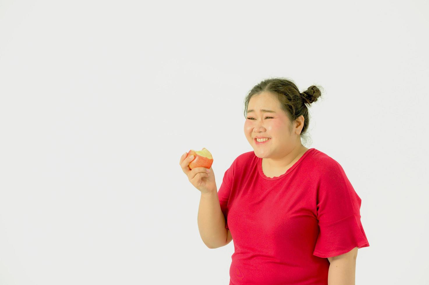 Asian obese women are overweight. With various emotions for herself, eating and exercise photo