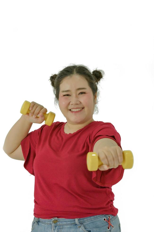 Asian obese women are overweight. With various emotions for herself, eating and exercise photo