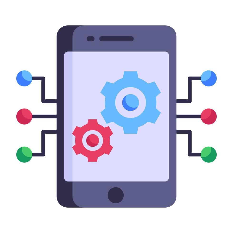 Mobile with nodes and cogwheels, flat icon of ai mobile vector