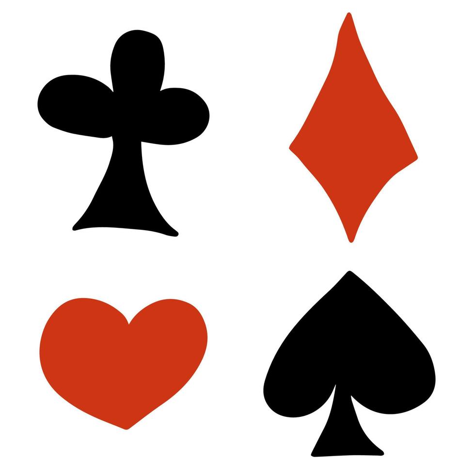 Cute doodle suit of playing cards, signs, symbols isolated on white background. vector