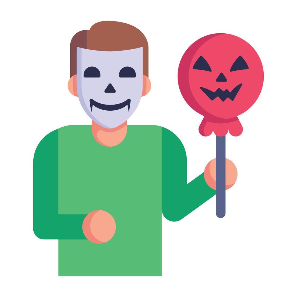 Person holding halloween balloons, flat icon vector