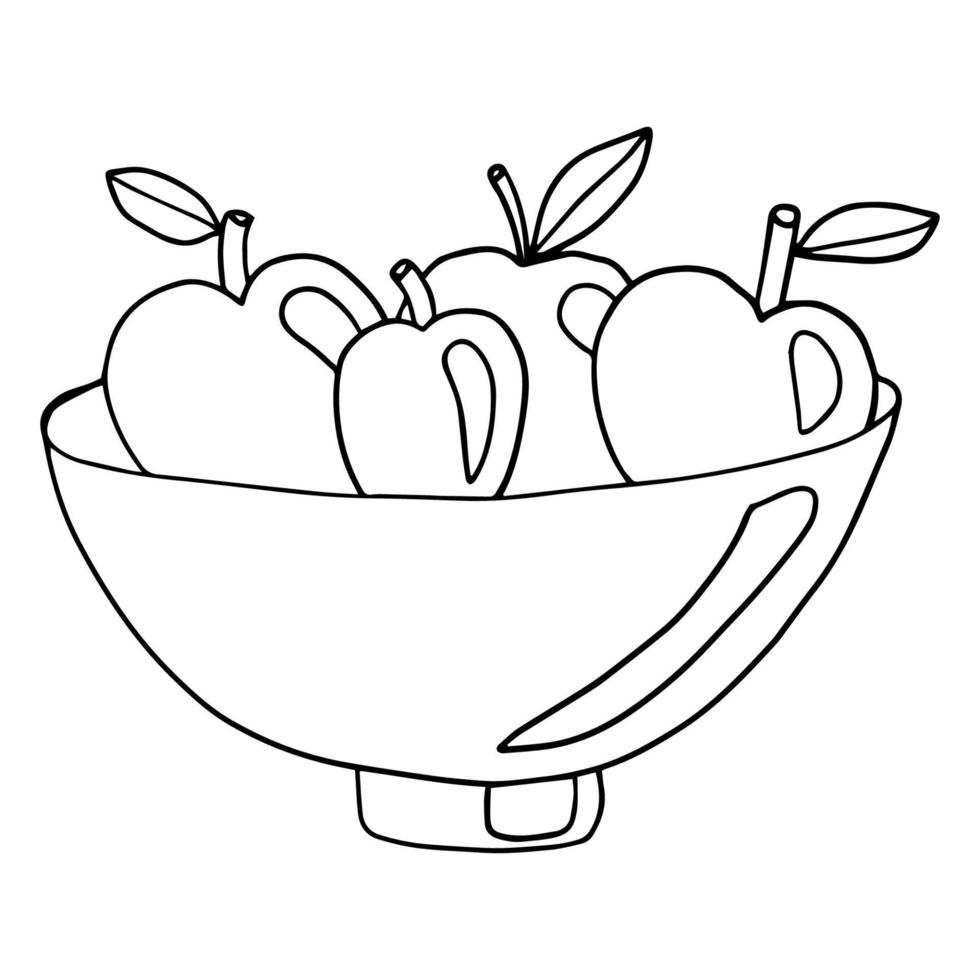 Doodle fruits in the vase. Apples in the bowl background. vector