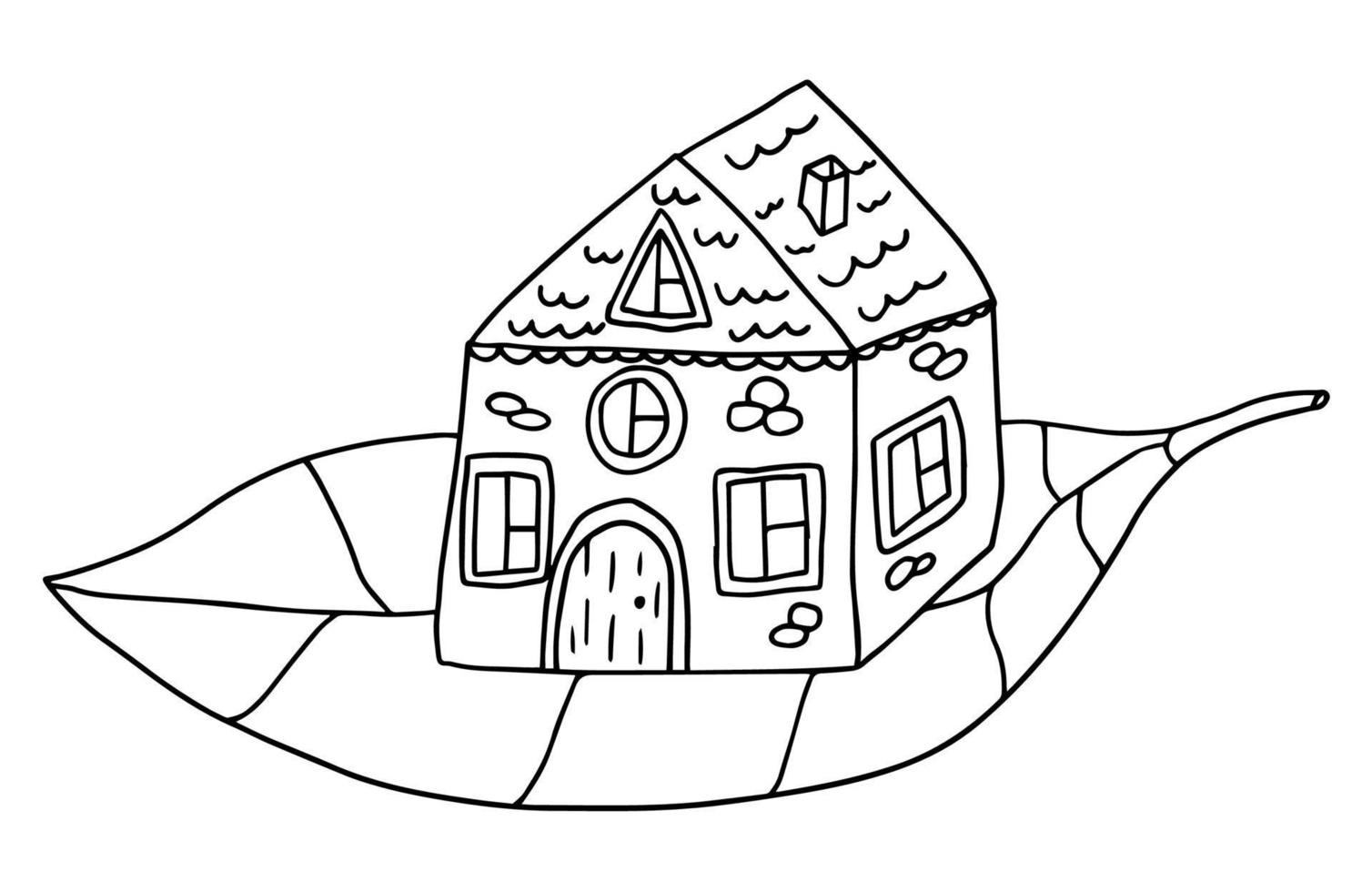 Cute doodle little gnome house on tree leaf isolated on white background. vector