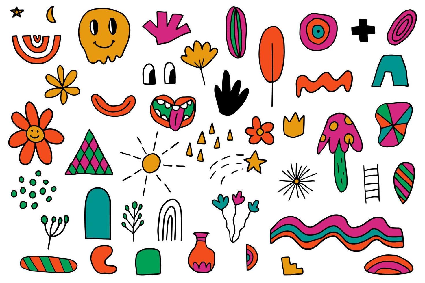 conjunto de diferentes formas de doodle boho bogemian. elementos para postal, patrón, decoración. clip art dibujado a mano hippie formas libres. plantilla de tatuaje. vector