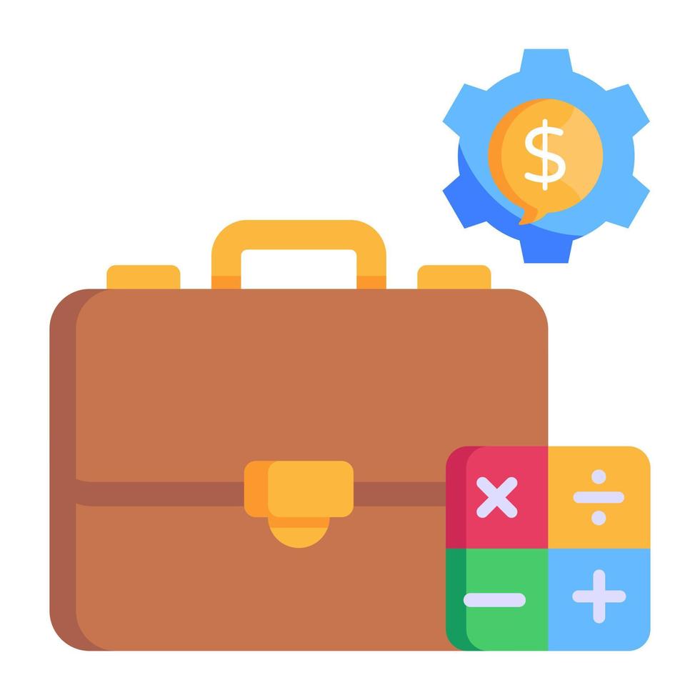 bolsa de oficina, dólar y rueda dentada, concepto de icono plano de gestión empresarial vector
