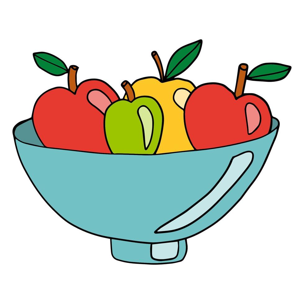 Doodle fruits in the vase. Apples in the bowl background. vector