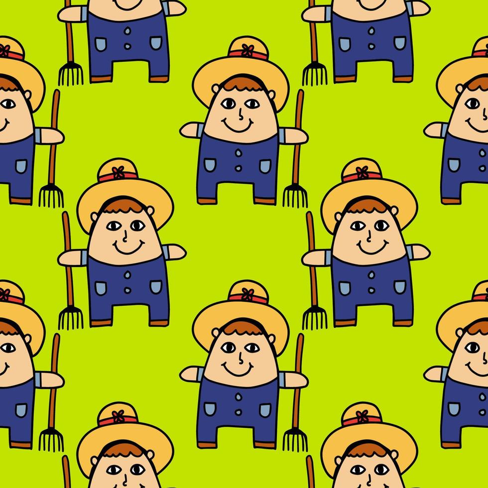 Cute funny farmer character seamless pattern. Little farm gnome background. vector