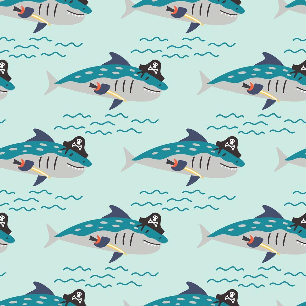 Seamless pattern shark pirate waves vector