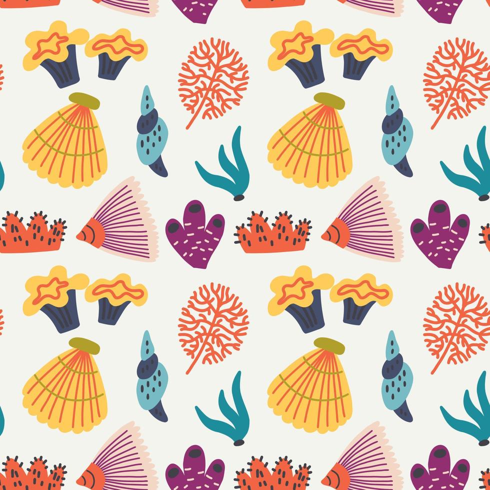 Seamless pattern seashell coral seaweed vector
