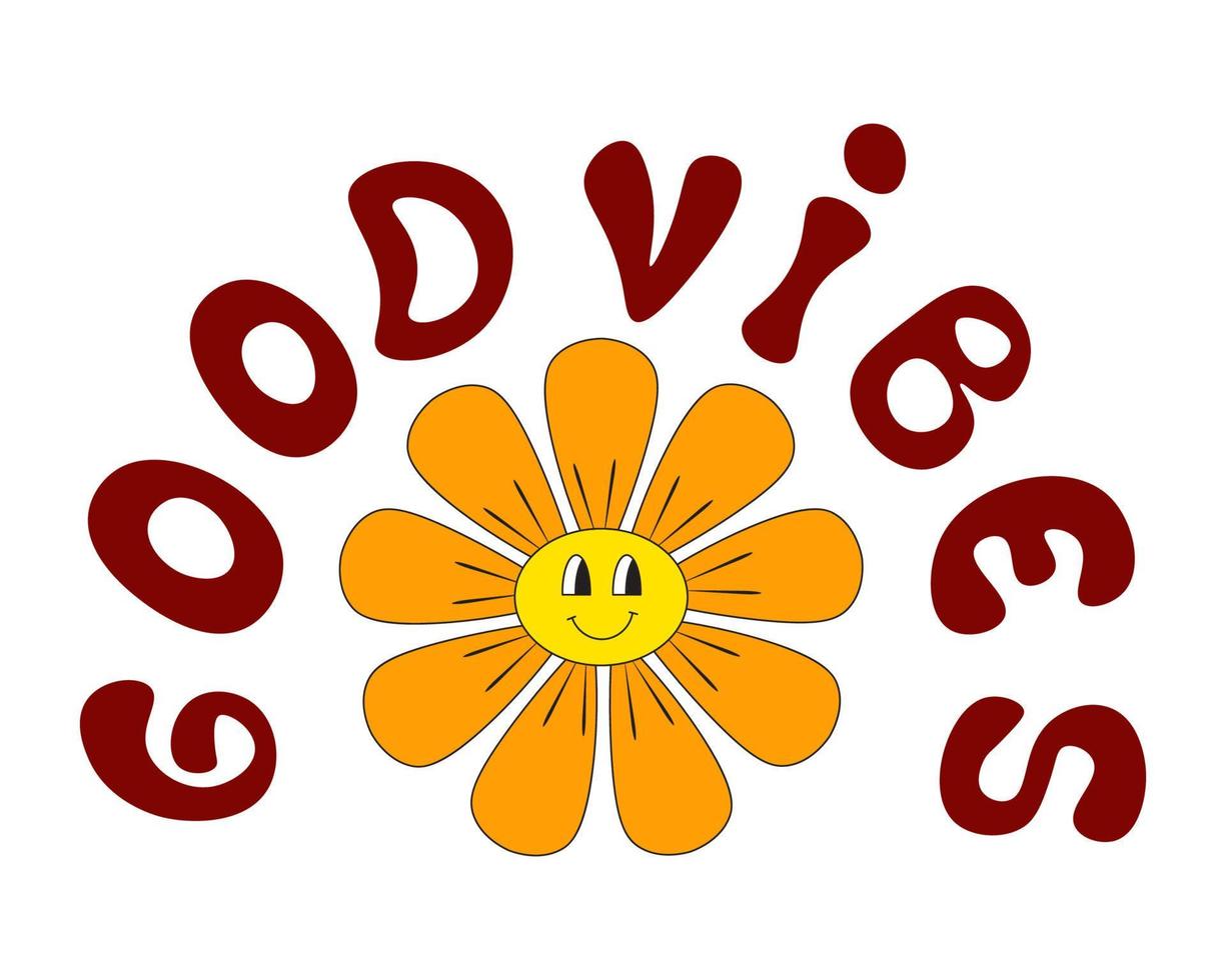 maravillosa flor sonriente con eslogan hippie buenas vibraciones. Estampado de flores de margarita sonriente retro positivo de los años 70 con eslogan inspirador. vector