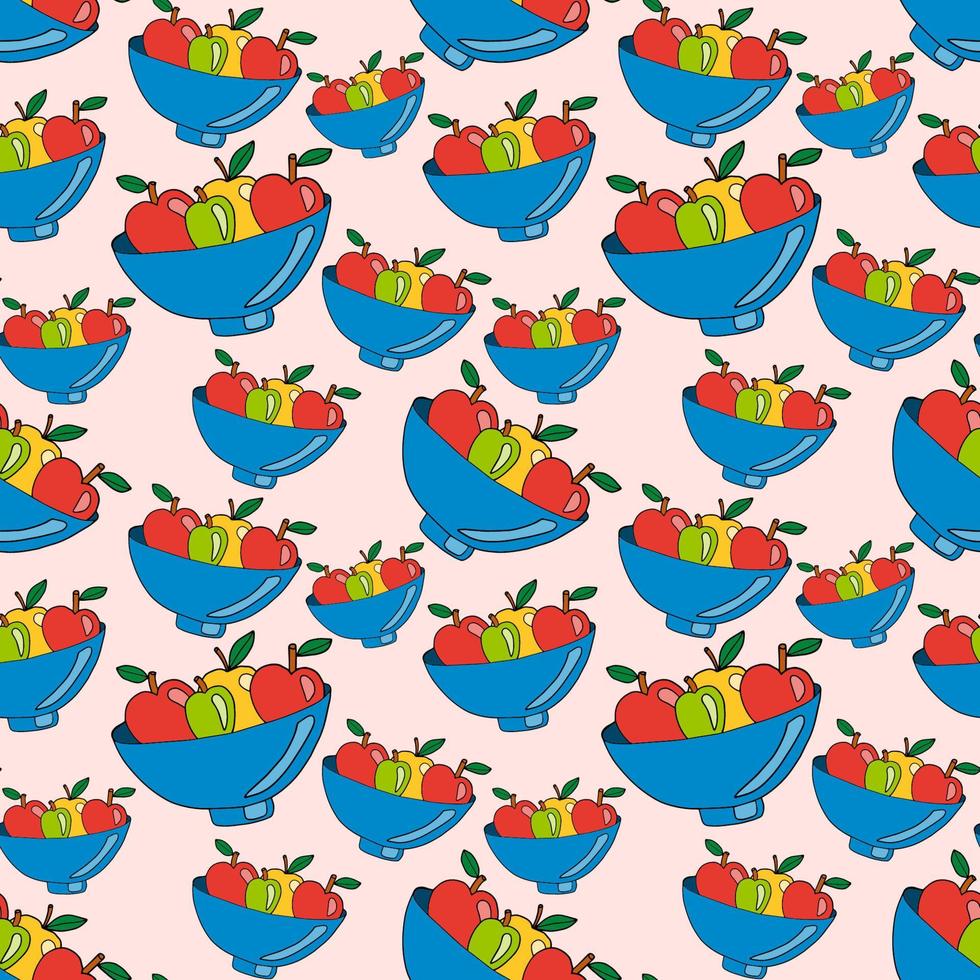 Doodle seamless pattern with fruits in the vase. Apples in the bowl background. vector