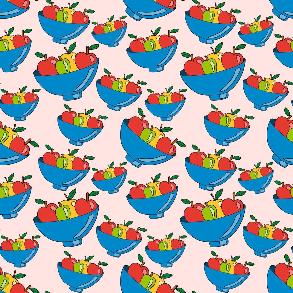 Doodle seamless pattern with fruits in the vase. Apples in the bowl background. vector