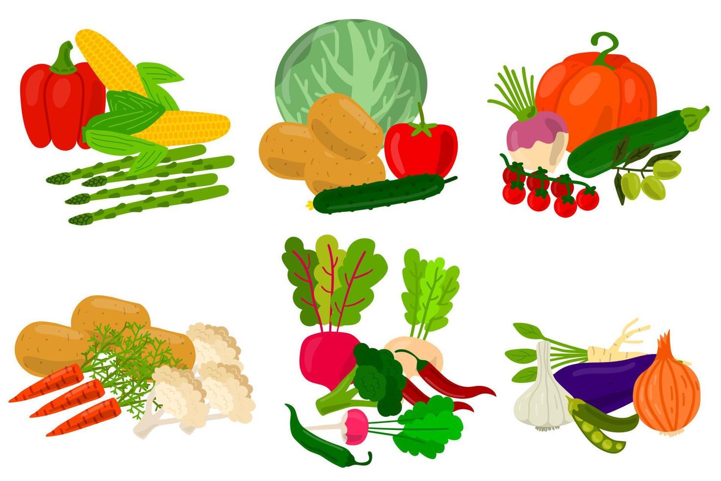 Harvest vegetable compositions in flat style isolated on white background. vector
