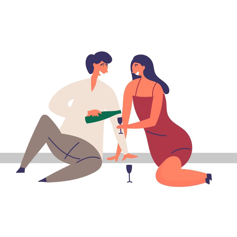 A girl and a guy spend time together. Romantic date. Picnic with champagne vector