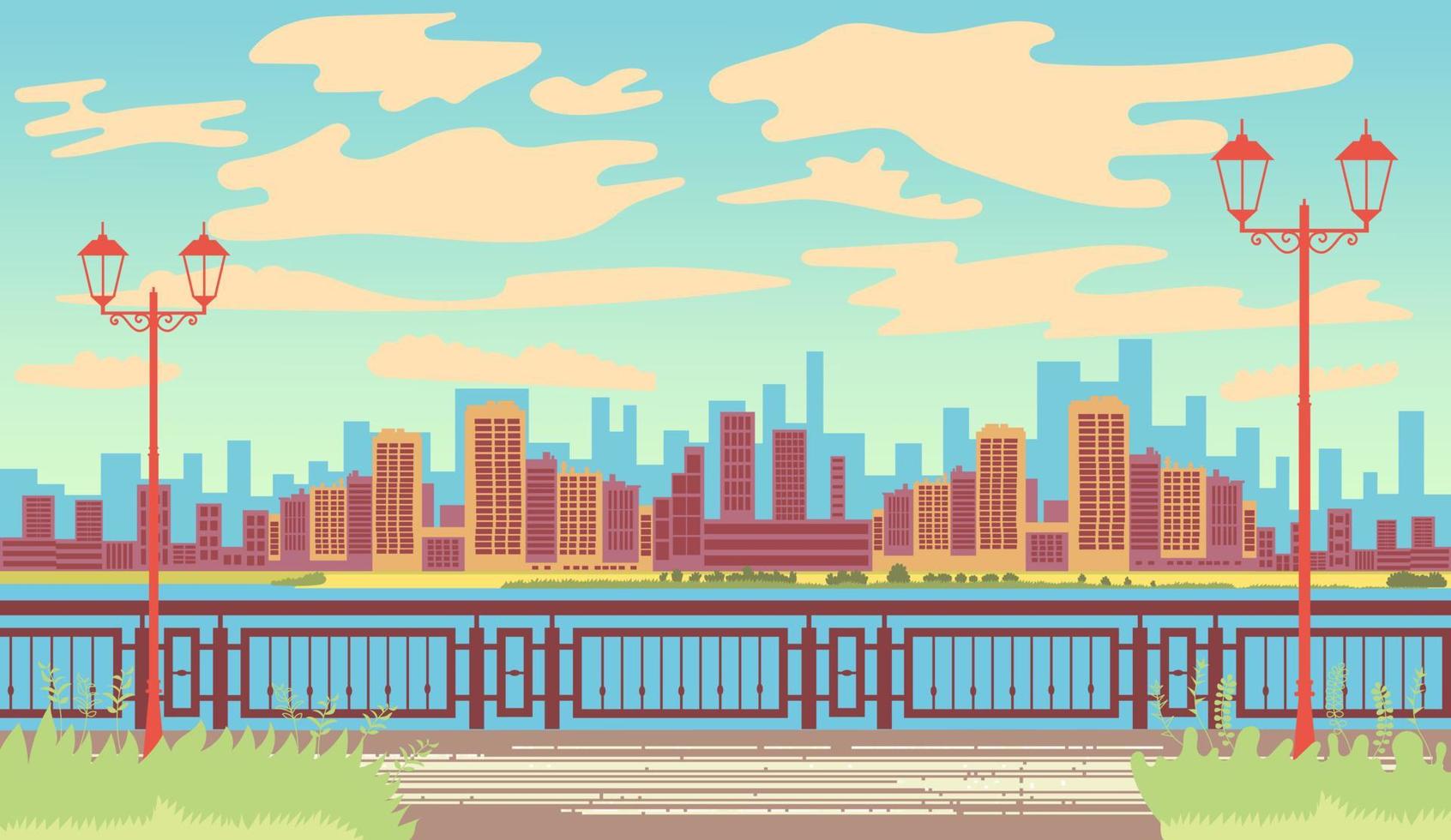 Landscape by the sea. Seafront. First line. Retro landscape. View of the metropolis vector