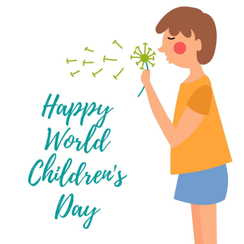 A little boy blows on a dandelion and enjoys the day. Childhood and carefree. World Children's Day vector