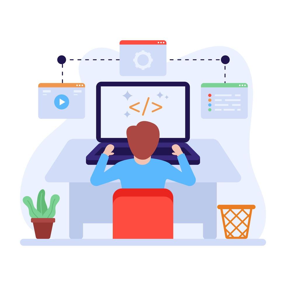 Clean coding flat illustration, web developer doing programming vector