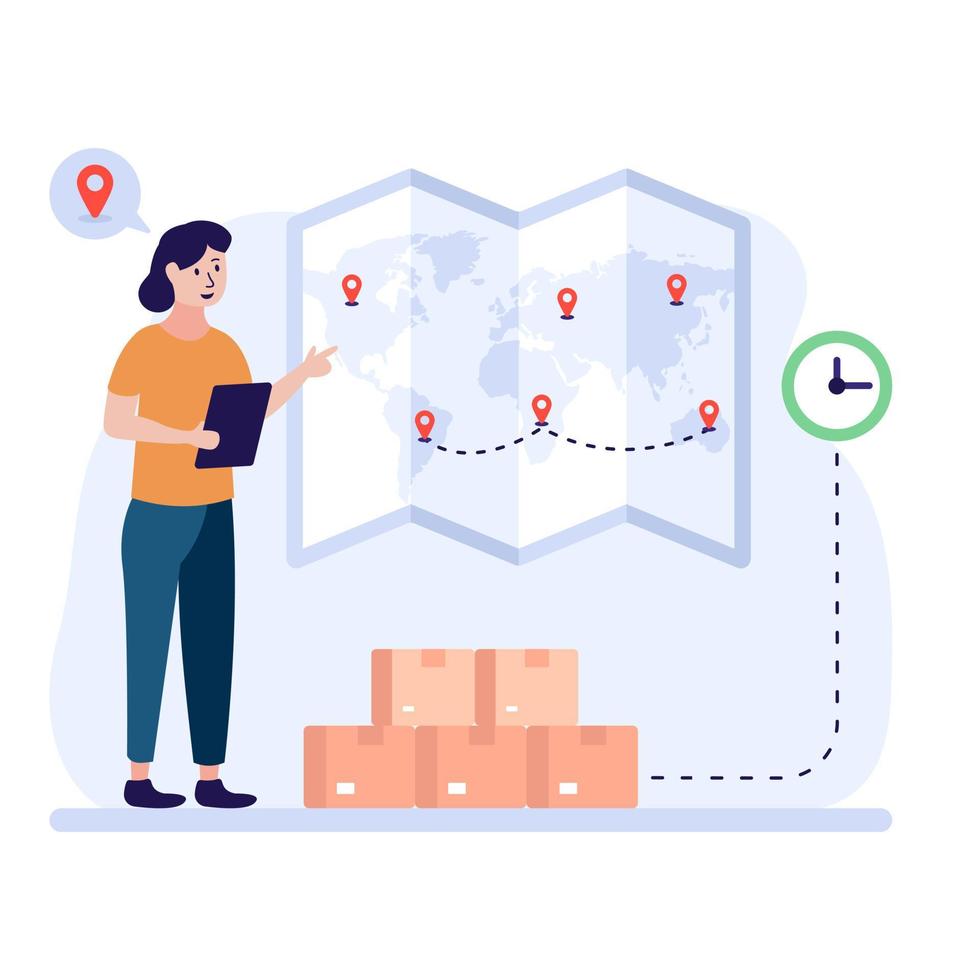 Girl with map and parcels denoting shipment plan flat illustration vector