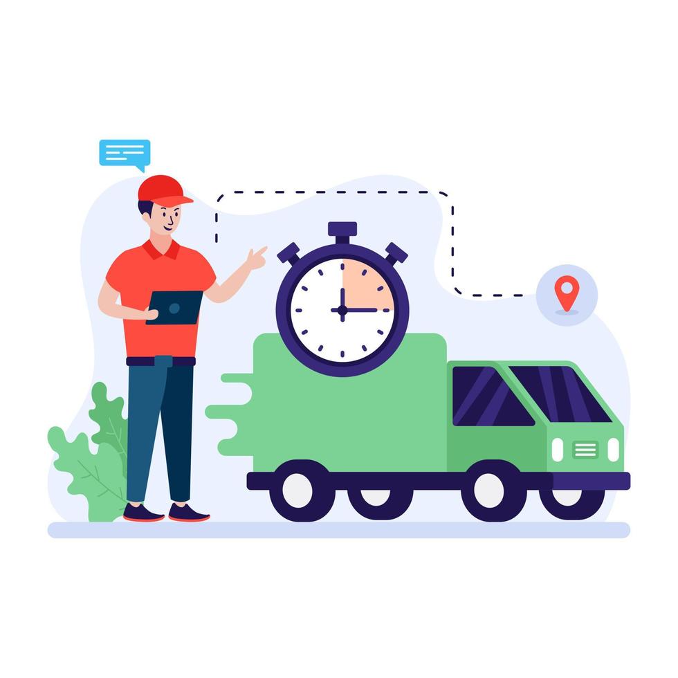 Delivery truck with time, flat illustration of delivery time vector