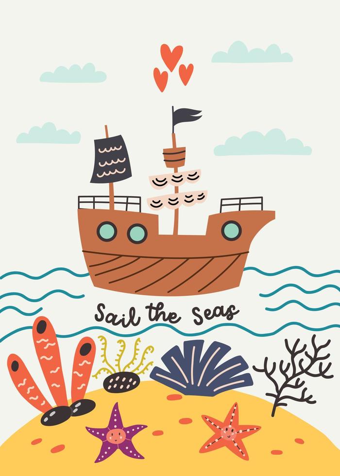 Sail the seas lettering Pirate ship sails on the waves vector