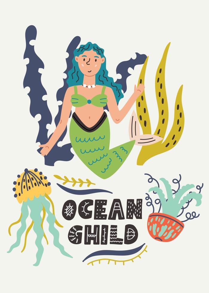 Ocean child mermaid seaweed jellyfish vector