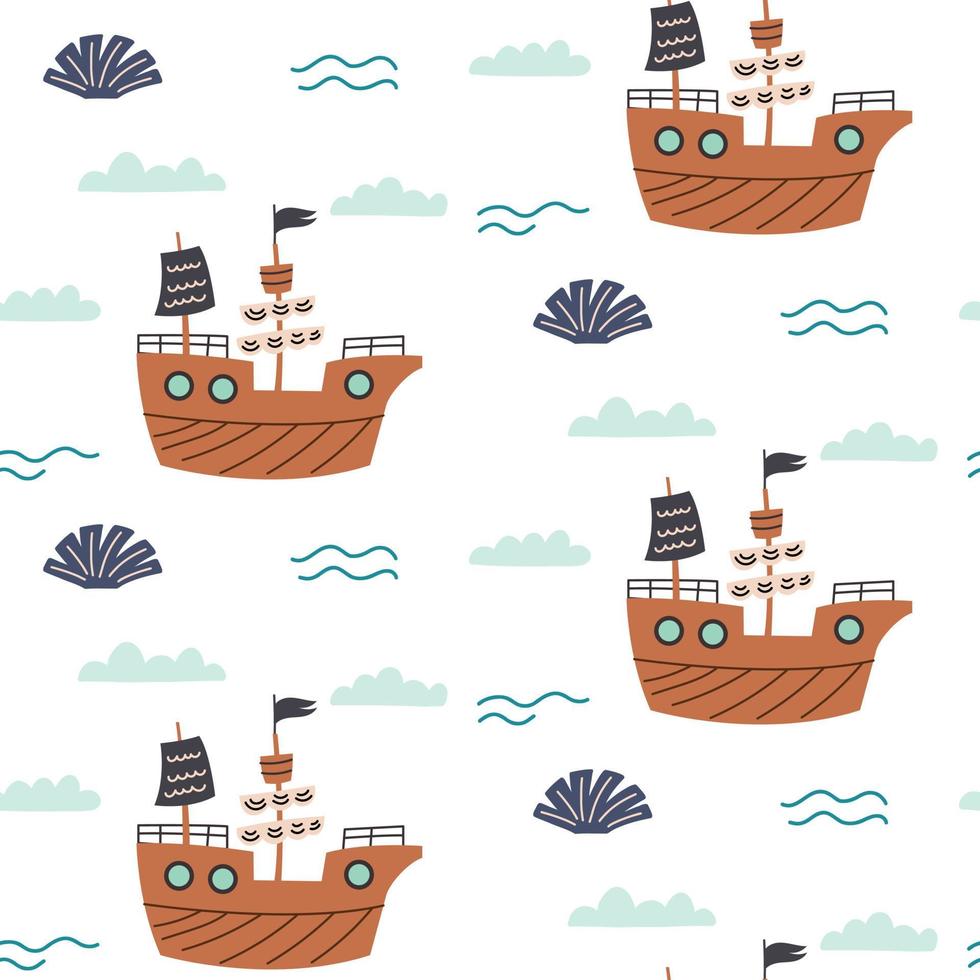 Seamless pattern pirate ship sea waves vector