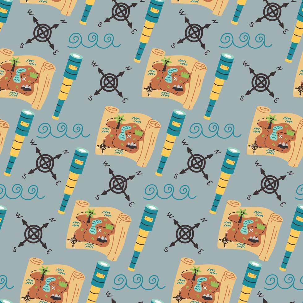 Seamless pattern treasure map spyglass vector