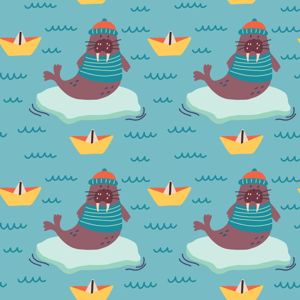 Seamless pattern sailor walrus sea vector