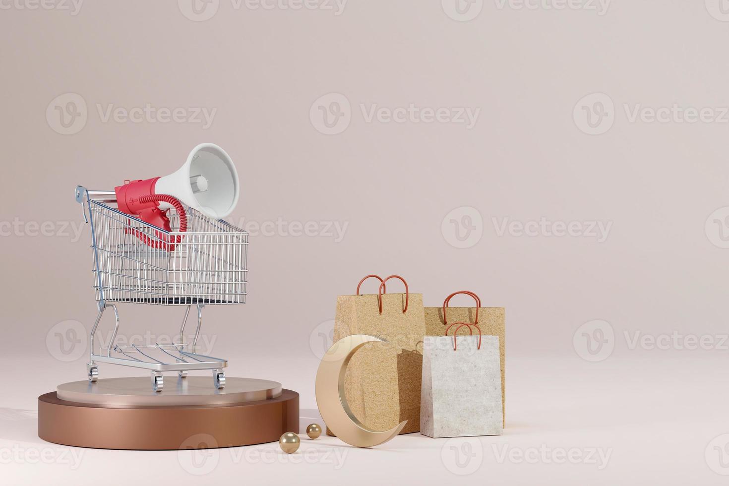 Ramadan Kareem greeting template with arabic lantern, moon, gift, presents . Podium, stand on holiday light background for advertising products -with megaphone  3d online shopping ,3d Rendering photo
