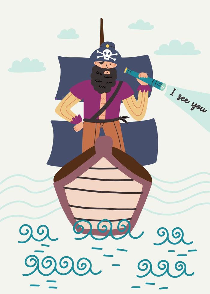 I see you lettering. Pirate at the stern of ship looks through spyglass on high seas vector
