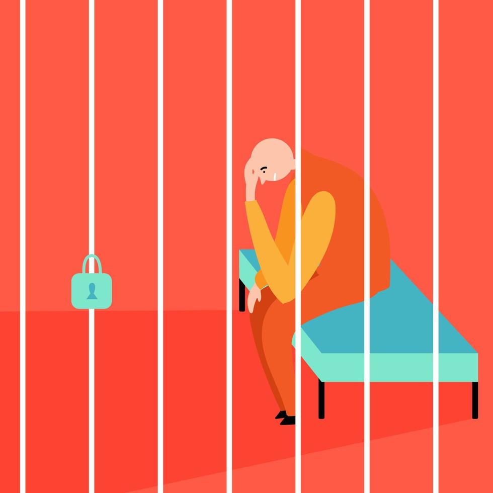 un preso calvo está sentado tras las rejas. celda. situaciones estresantes vector