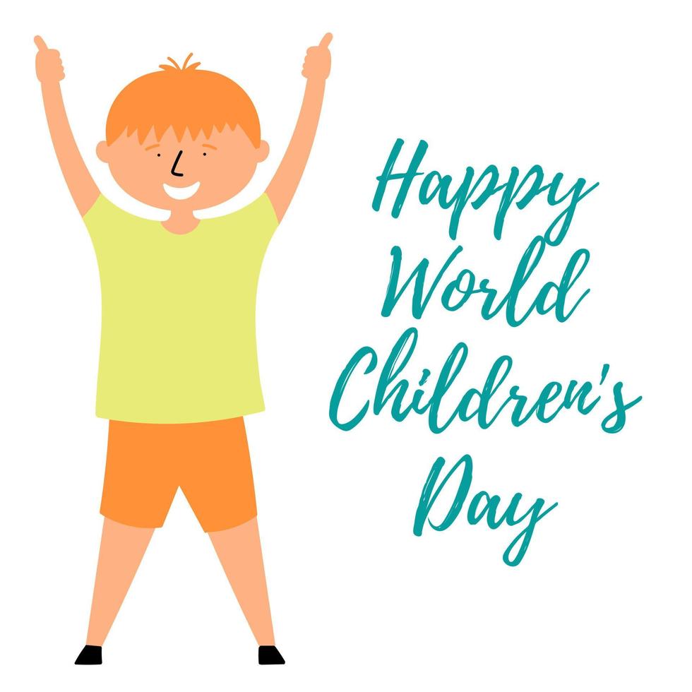 Child boy shows class with his hands and enjoys the holiday. World Childrens Day vector