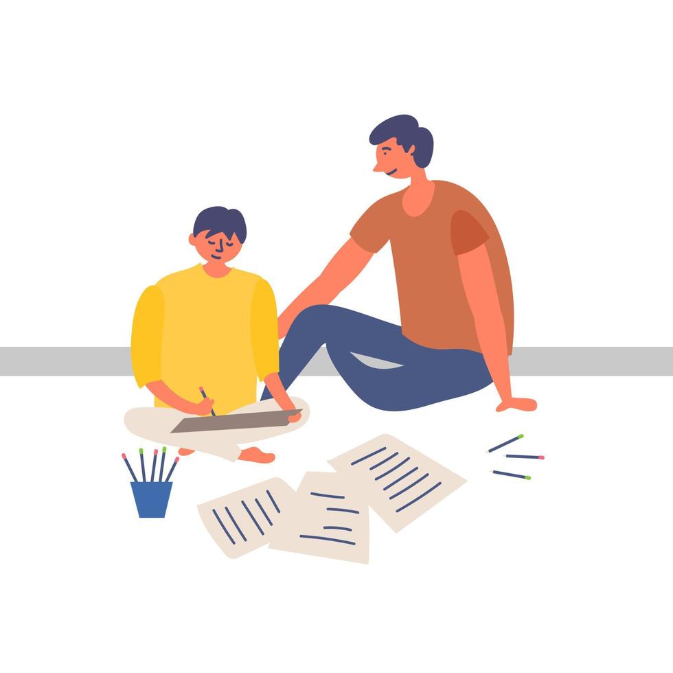 Father and son spend time together. Hobbies drawing with crayons vector