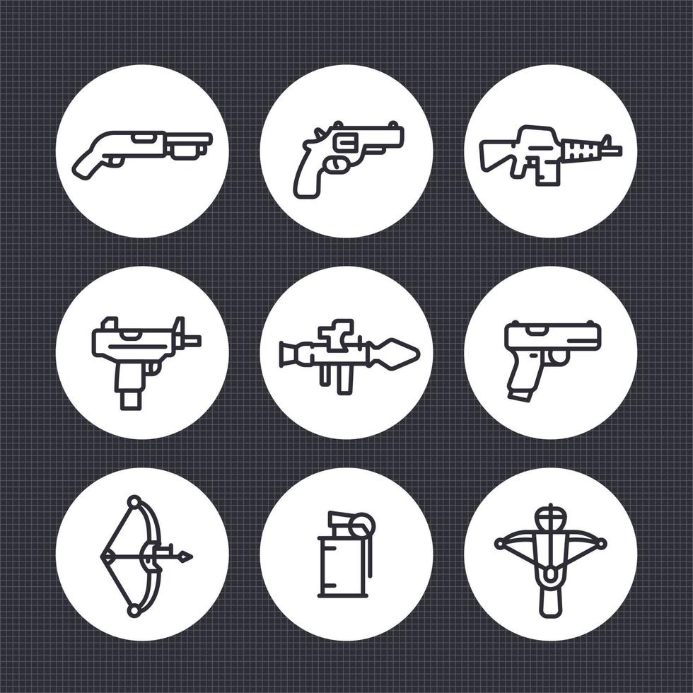 weapons line icons set, rocket launcher, pistol, submachine gun, assault rifle, revolver, shotgun, grenade, crossbow vector pictograms