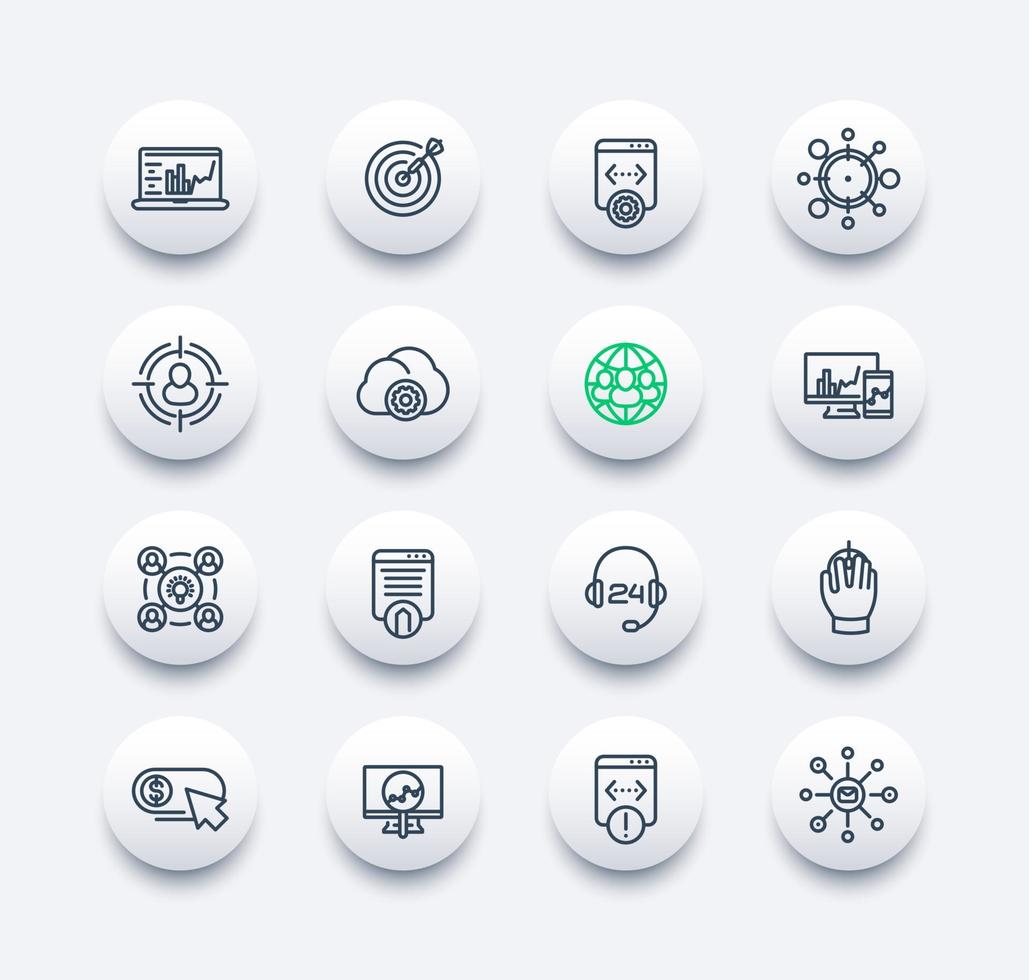 conjunto de iconos de línea seo, optimización de motores de búsqueda, marketing digital, análisis de sitios web, indexación, ilustración vectorial vector