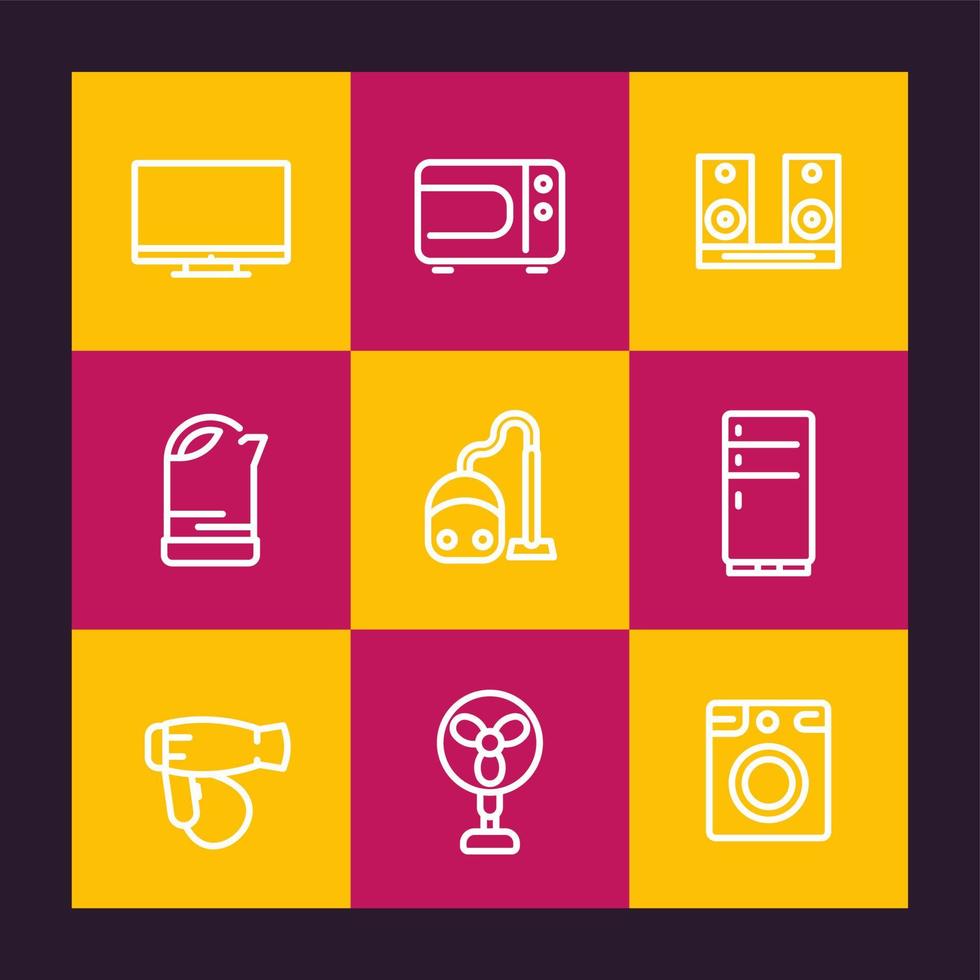 Appliances line icons set, household consumer electronics, tv, microwave oven, audio system, kettle, vacuum cleaner, fridge, hairdryer, fan, washing machine vector