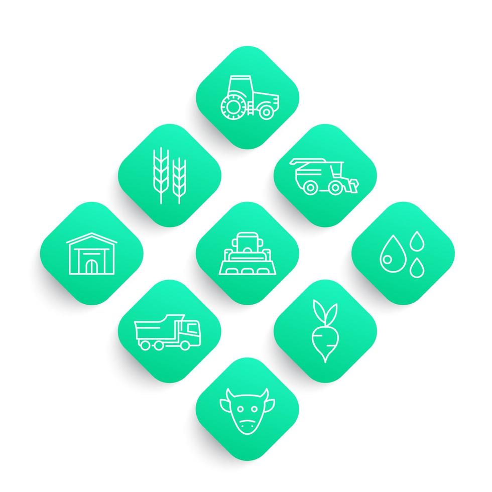 agricultura, conjunto de iconos de líneas agrícolas, tractor, agrimotor, cosecha, ganado, almacenamiento, cosechadora vector