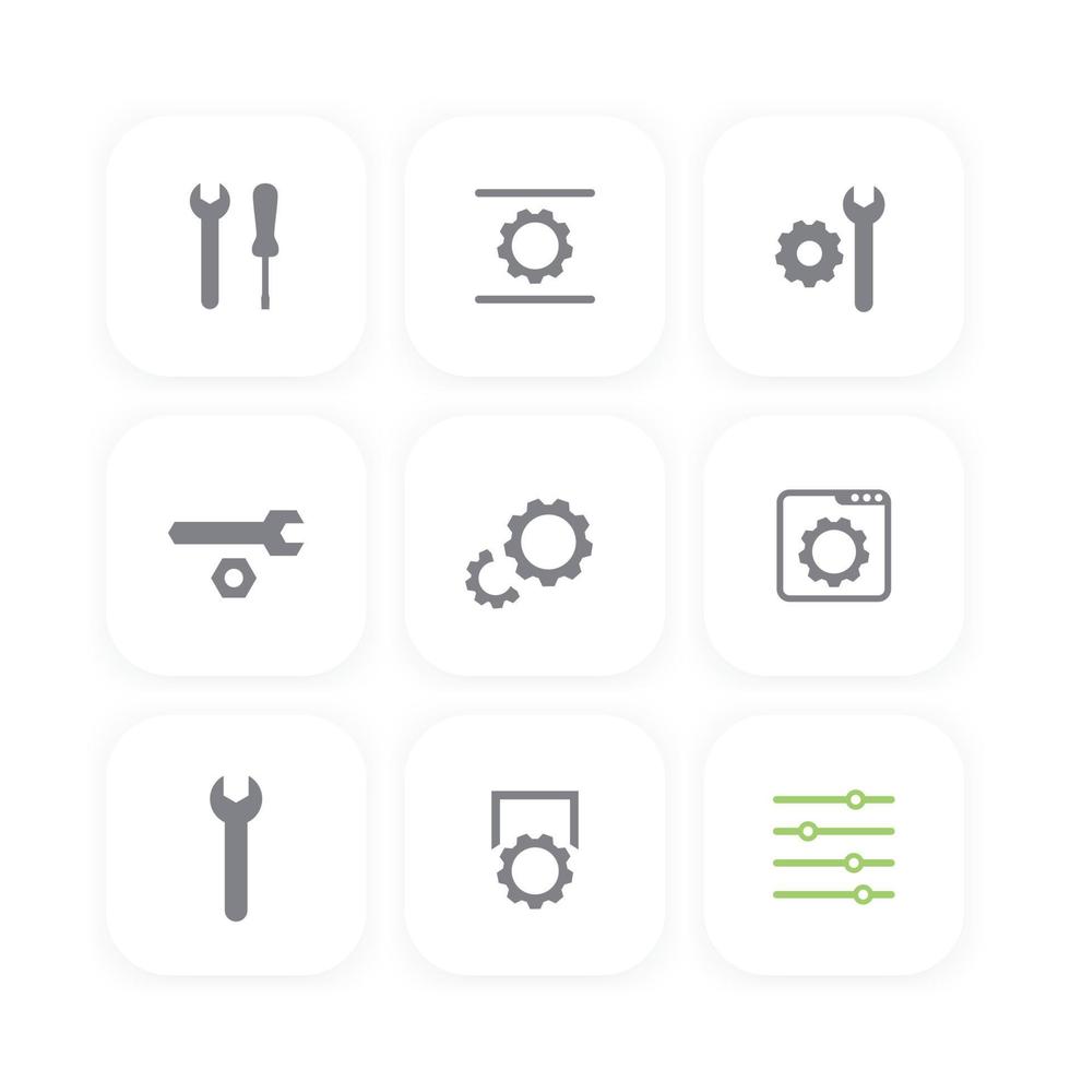 settings, configuration, development icons set, gears, wrench, screwdriver, instruments vector