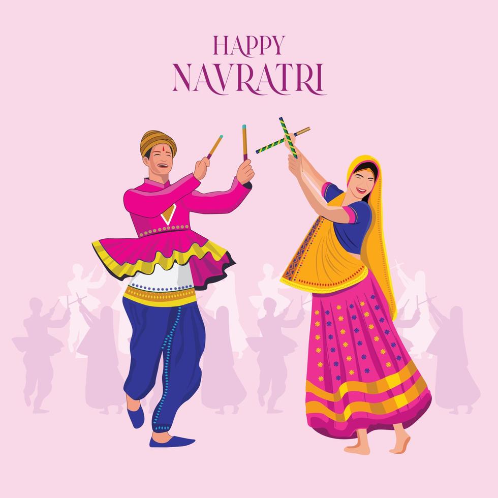 ilustración de la cara de la diosa durga para feliz navratri, pareja jugando garba y dandiya en celebración navratri y noche disco vector