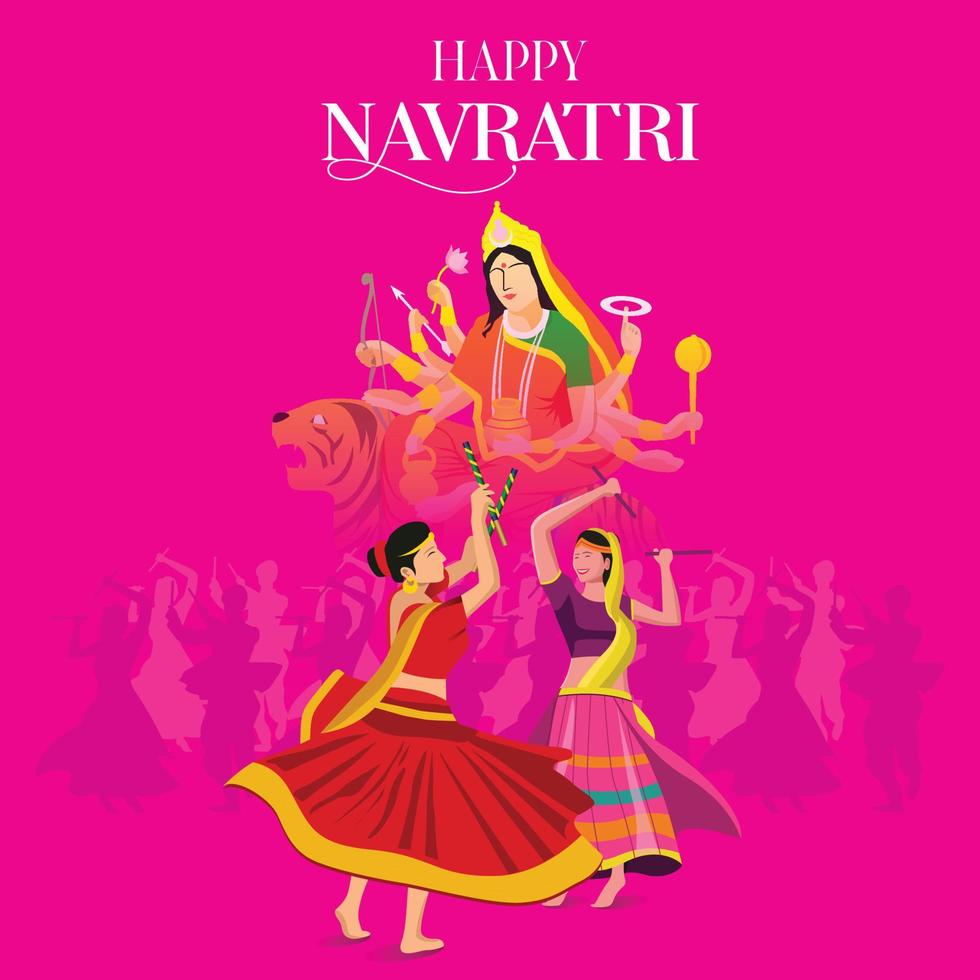 ilustración de la cara de la diosa durga para feliz navratri, pareja jugando garba y dandiya en celebración navratri y noche disco vector