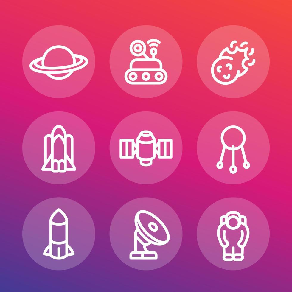 Space line icons set, planet with asteroid belt, comet, satellite, shuttle, rocket, radio telescope, astronaut vector