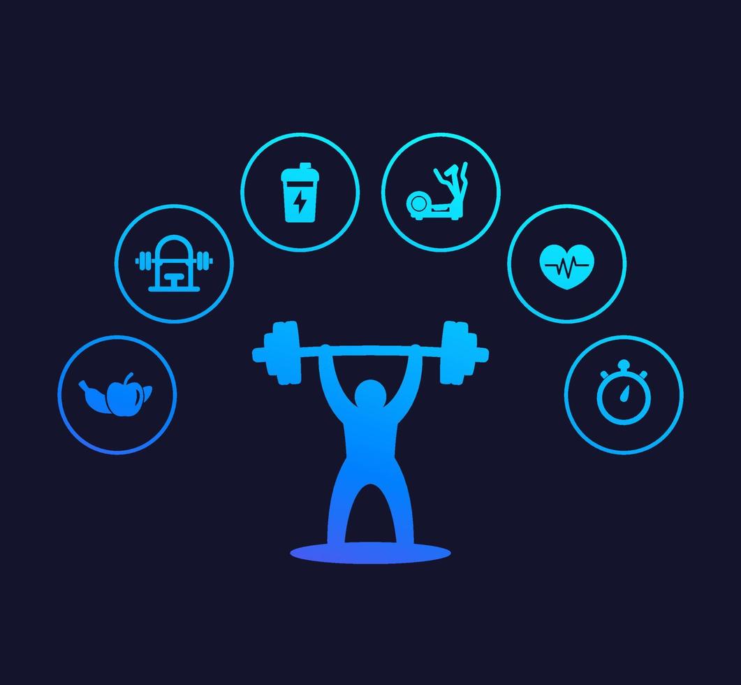 Fitness and training icons, gym and workout vector