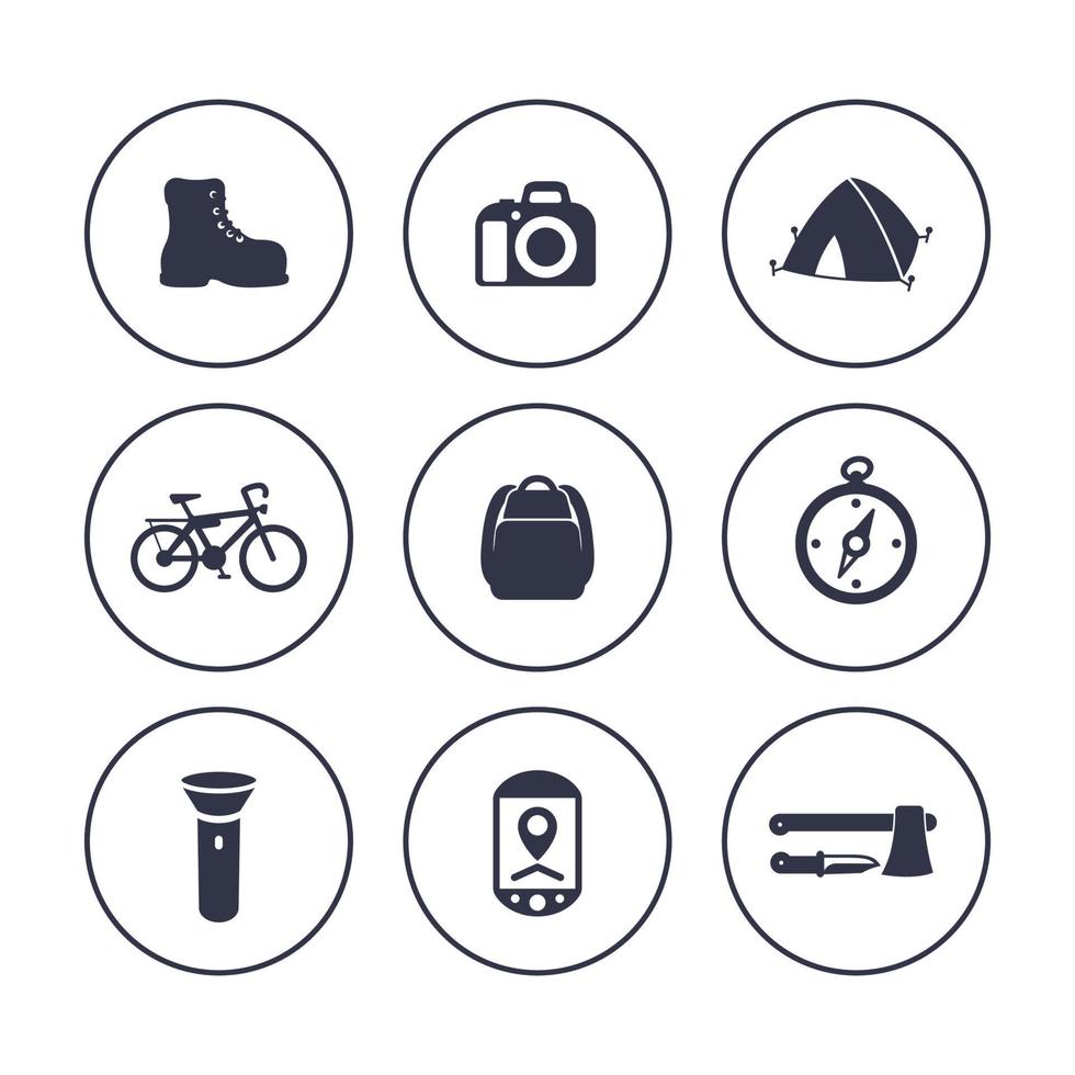 Hiking, camping icons in circles over white, backpack, flashlight, tent, boot, compass vector