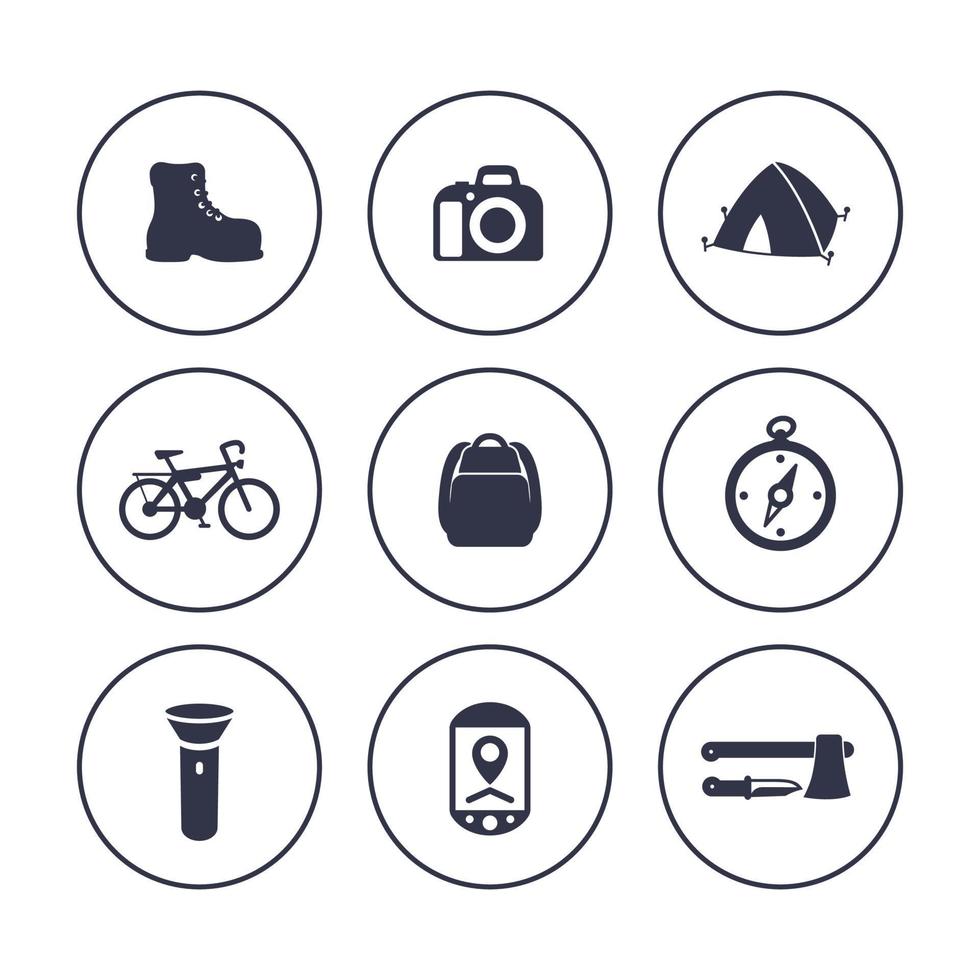 Hiking, camping icons in circles over white, backpack, flashlight, tent, boot, compass vector