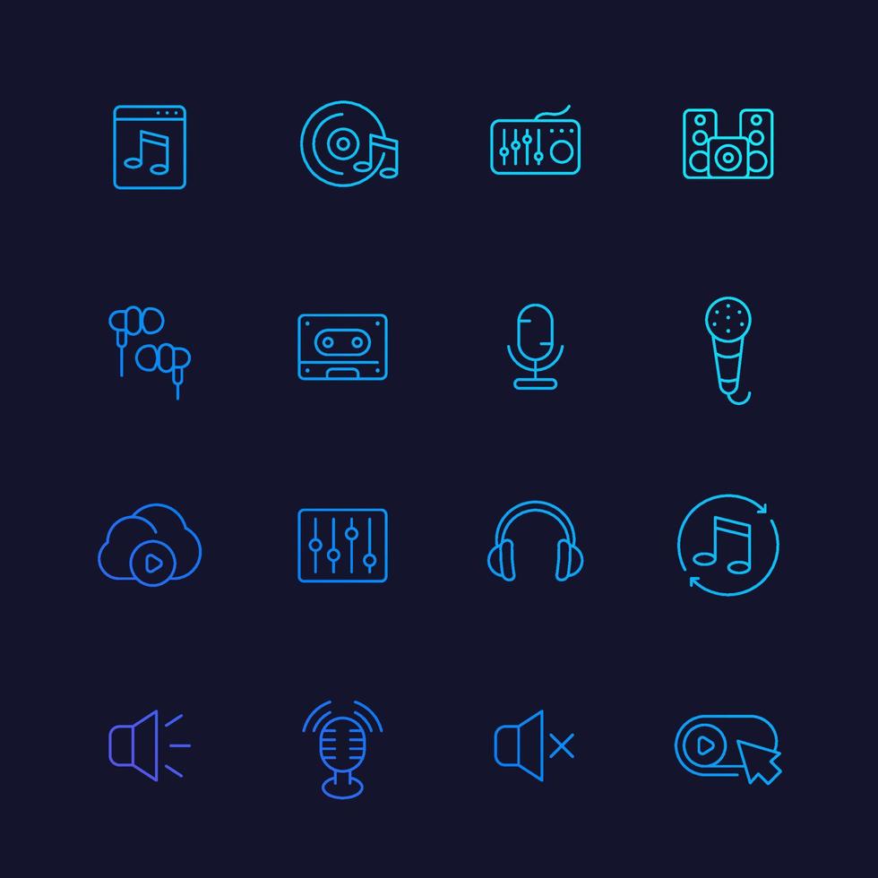 audio, music linear icons, sound mixing, microphones, recording, earbuds, headphones, eq, cassette tape, online streaming service vector