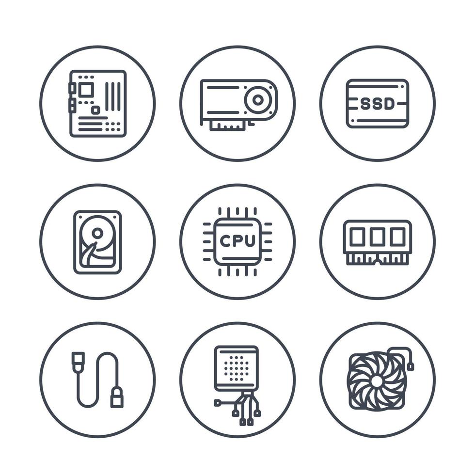 iconos de línea de componentes de computadora en círculos en blanco, procesador, placa base, ram, tarjeta de video, hdd, ssd, enfriador vector