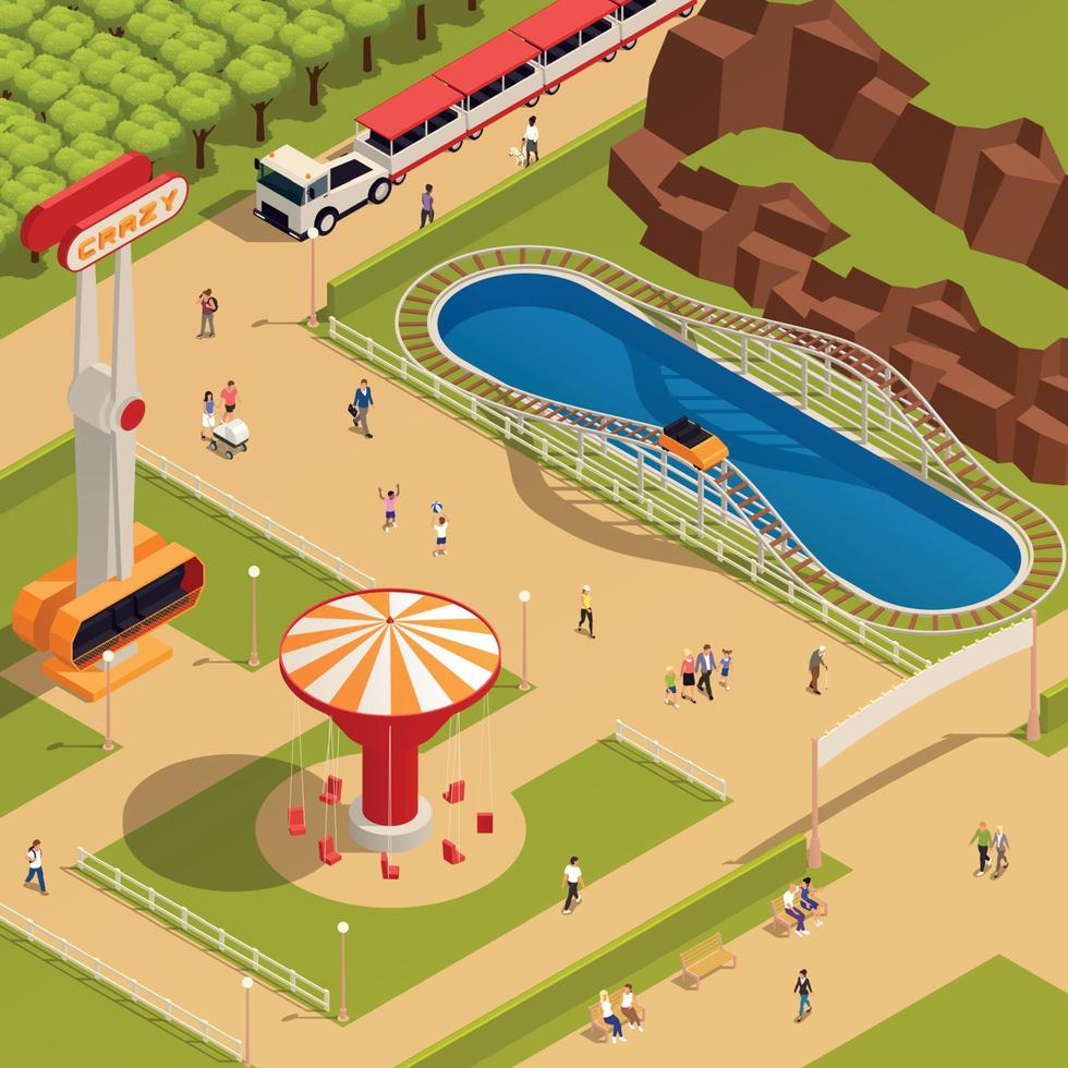 composición isométrica del parque de atracciones vector